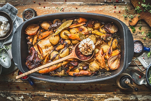 Slow cooked rabbit stew with forest mushrooms and garden vegetables